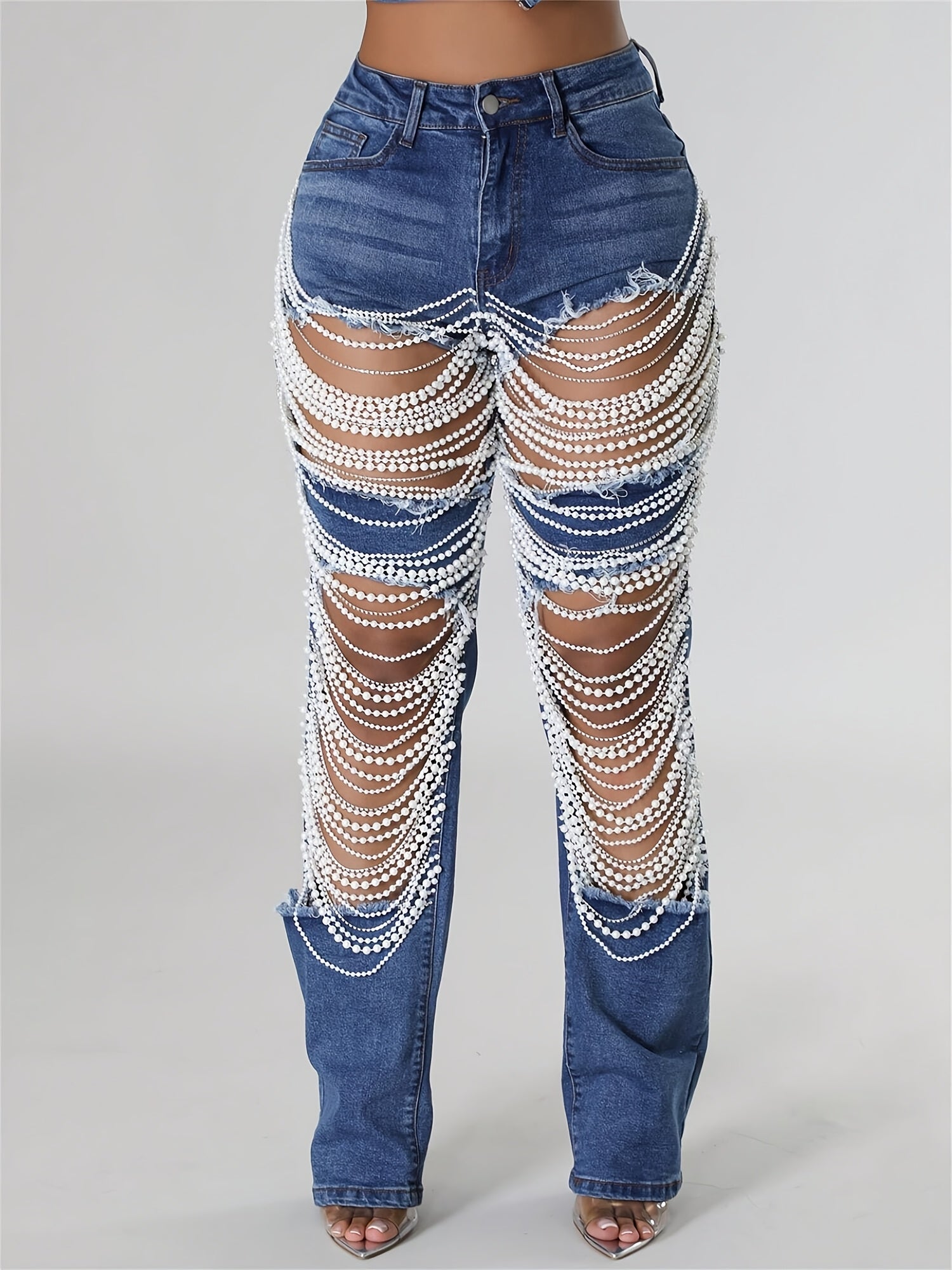 Straight Leg Jeans For Women Mid-Rise Distressed Ripped Hole Pearl Chain Denim Pants